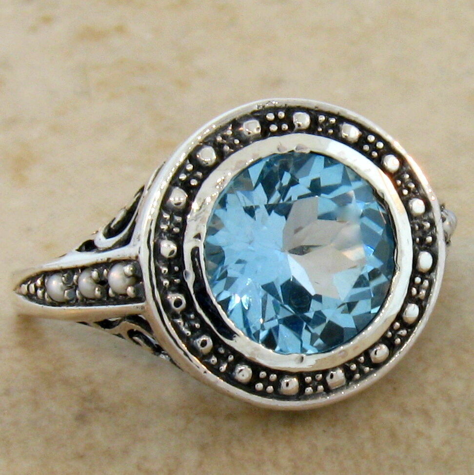 3 Ct GENUINE BLUE TOPAZ & PEARL 925 STERLING SILVER VICTORIAN STYLE RING    #511