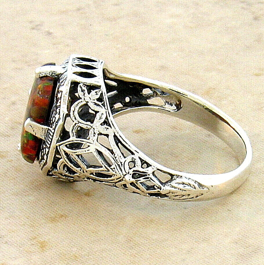 VINTAGE STYLE 925 STERLING SILVER LAB-CREATED RED FIRE OPAL FILIGREE RING   #212