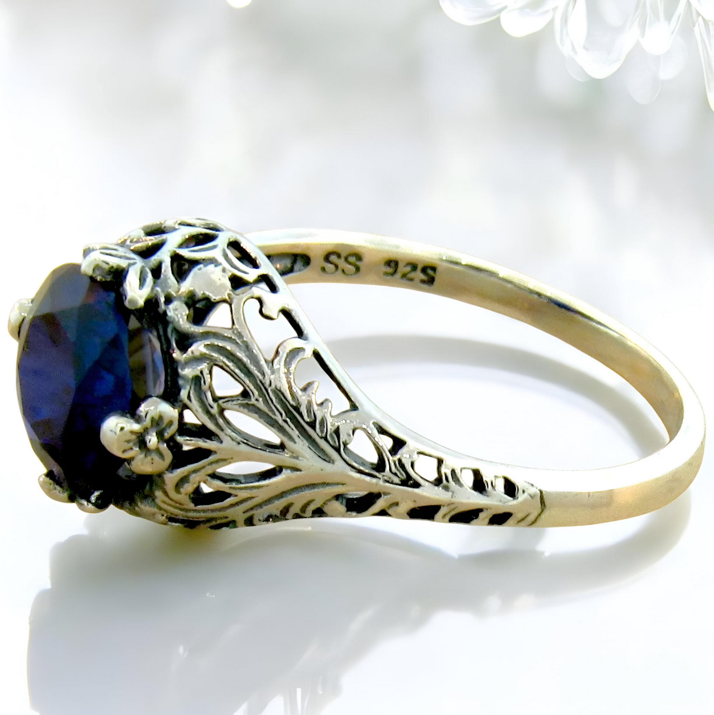 925 STERLING SILVER ANTIQUE STYLE LAB-CREATED BLUE SAPPHIRE SOLITAIRE RING  #823