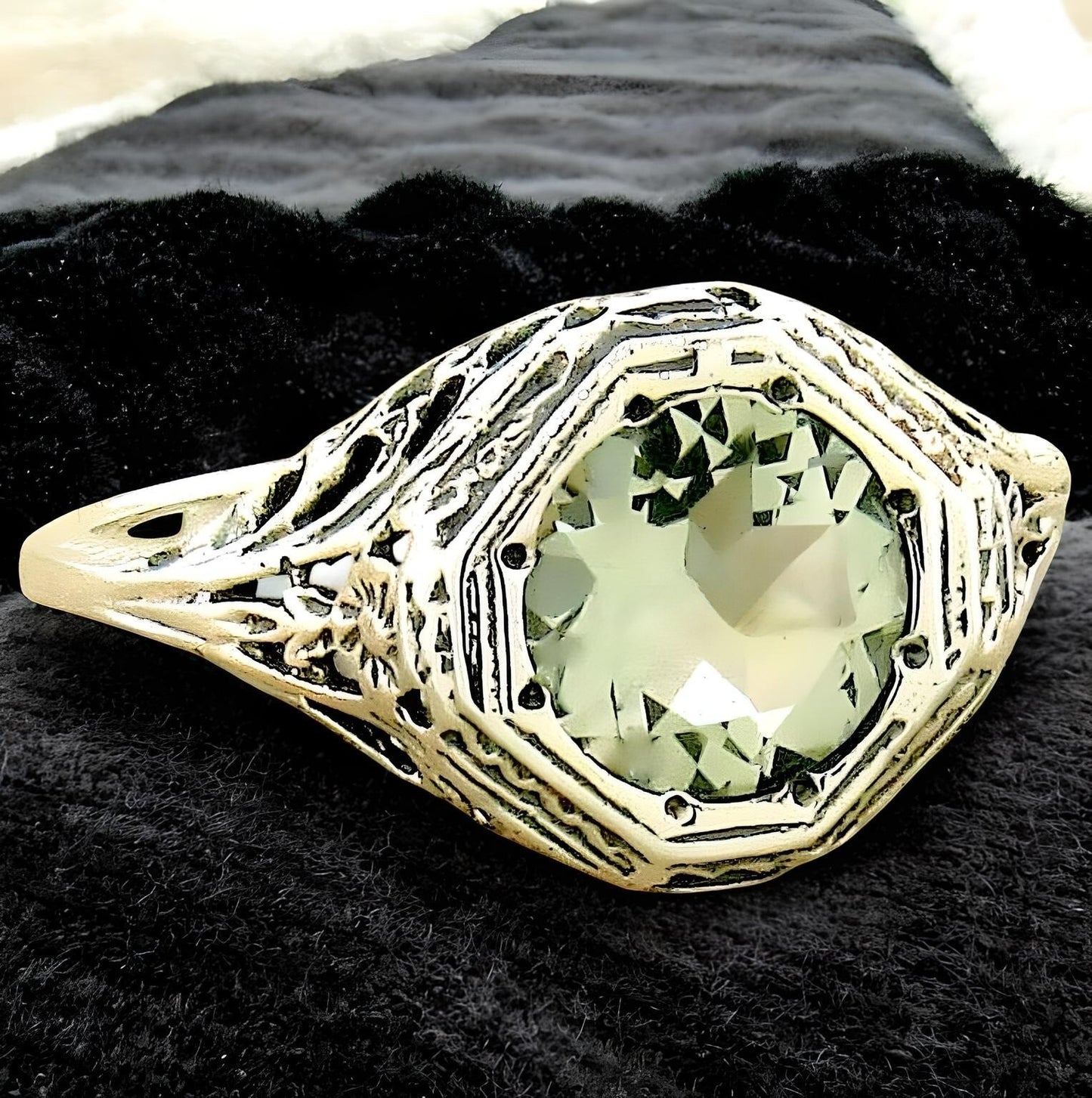 VINTAGE STYLE GENUINE GREEN AMETHYST 925 STERLING SILVER FILIGREE RING     #192