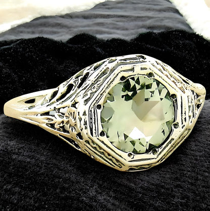 VINTAGE STYLE GENUINE GREEN AMETHYST 925 STERLING SILVER FILIGREE RING     #192
