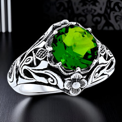 VINTAGE STYLE SCOTTISH THISTLE 925 STERLING SILVER SIMULATED PERIDOT RING #1137