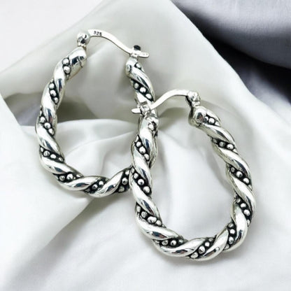 925 Silver - Light Weight Hoop Earrings, Twisted Dot Design Latch Back 1441