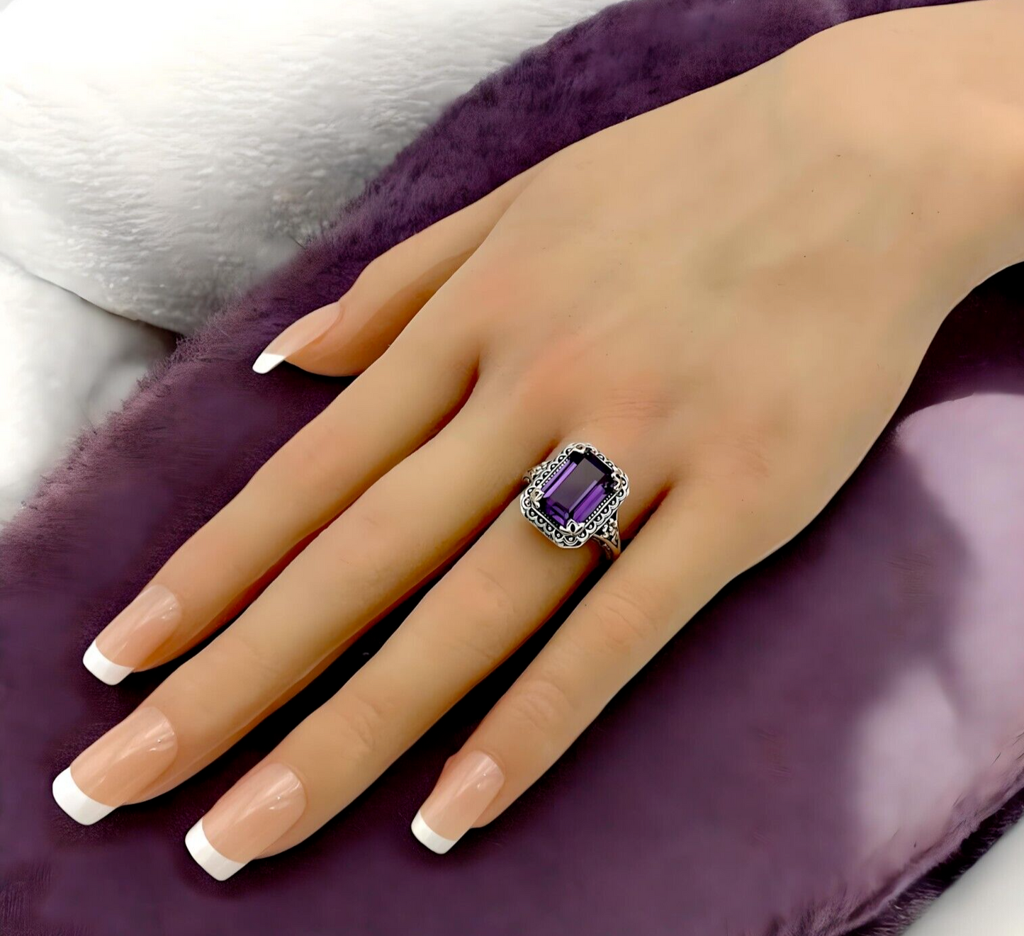 VINTAGE STYLE PURPLE LAB-CREATED SAPPHIRE 925 STERLING SILVER FILIGREE RING 1502