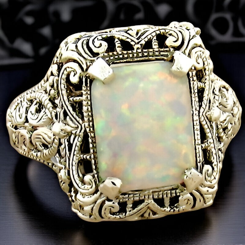 VINTAGE STYLE LAB-CREATED OPAL 925 STERLING SILVER SOLITAIRE FILIGREE RING   758