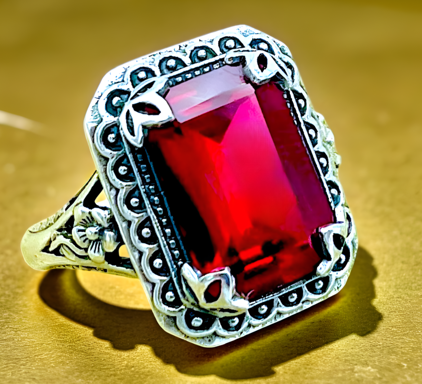 VIVID RED VINTAGE STYLE 925 STERLING SILVER LAB-CREATED RUBY FLOWER RING   #1216