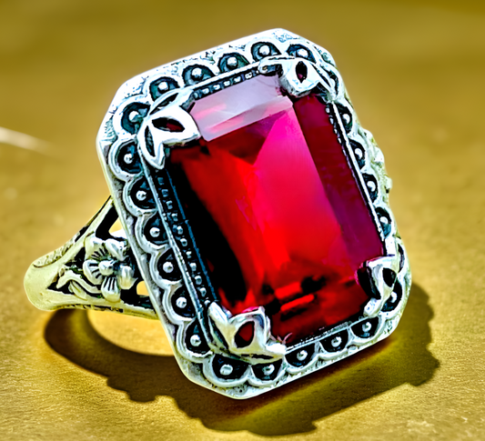 VIVID RED VINTAGE STYLE 925 STERLING SILVER LAB-CREATED RUBY FLOWER RING   #1216
