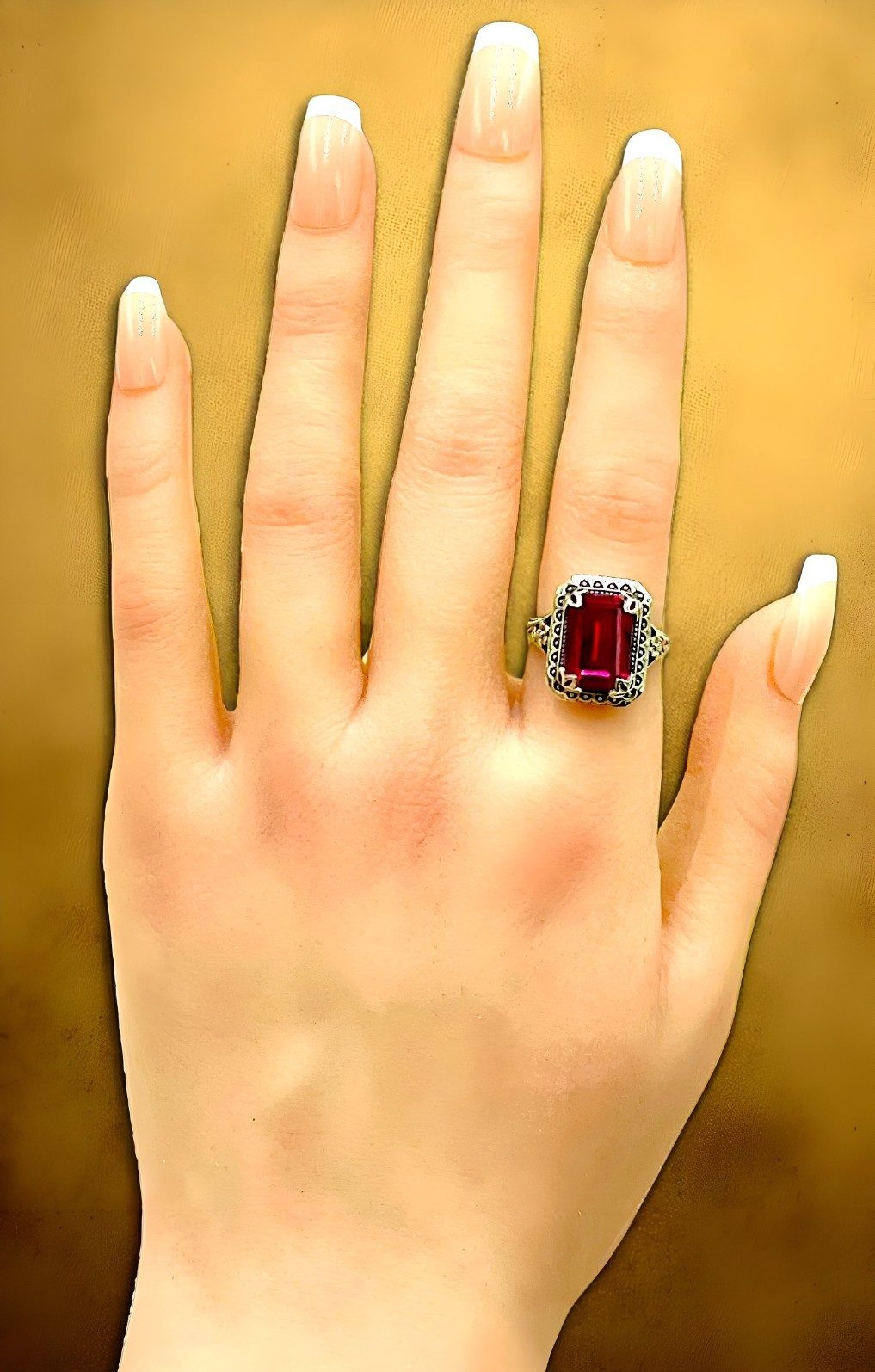 VIVID RED VINTAGE STYLE 925 STERLING SILVER LAB-CREATED RUBY FLOWER RING   #1216