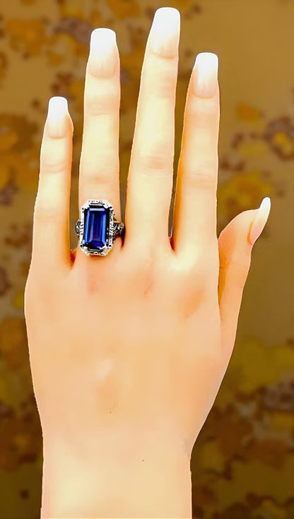 VINTAGE STYLE 925 STERLING SILVER 9 CT PURPLE LAB-CREATED SAPPHIRE RING 1443