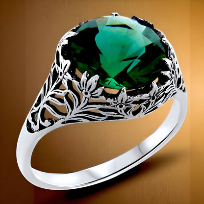 925 STERLING SILVER FILIGREE VICTORIAN STYLE SIMULATED EMERALD 3.50 Ct RING #445