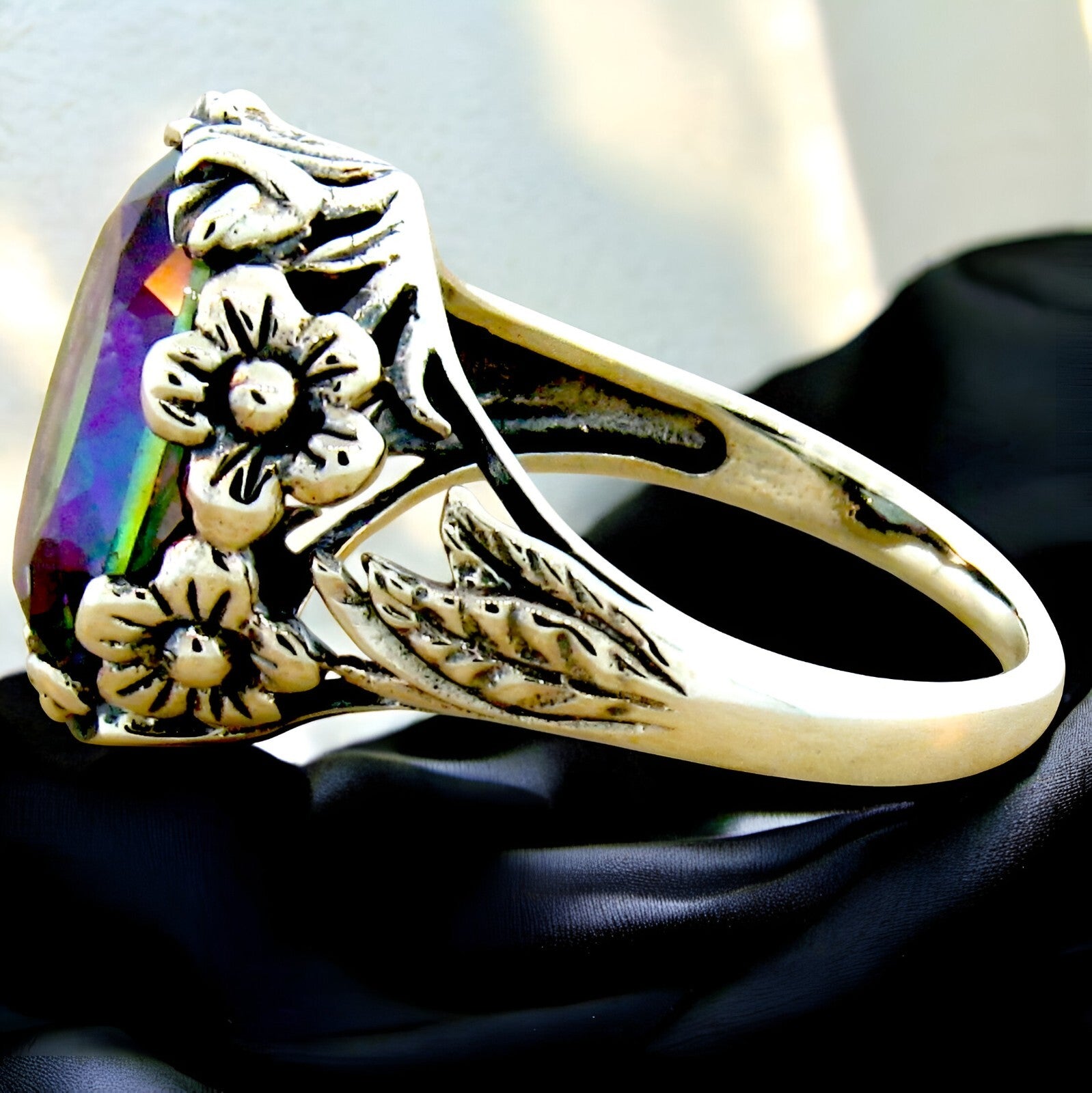 4 Ct RAINBOW MYSTIC QUARTZ ART NOUVEAU STYLE 925 SOLID STERLING SILVER RING #277