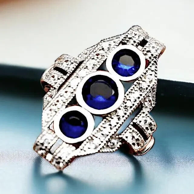 VINTAGE STYLE SIMULATED SAPPHIRE 925 STERLING SILVER RING RHODIUM PLATED 1757