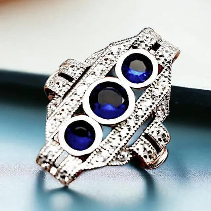 VINTAGE STYLE SIMULATED SAPPHIRE 925 STERLING SILVER RING RHODIUM PLATED 1757