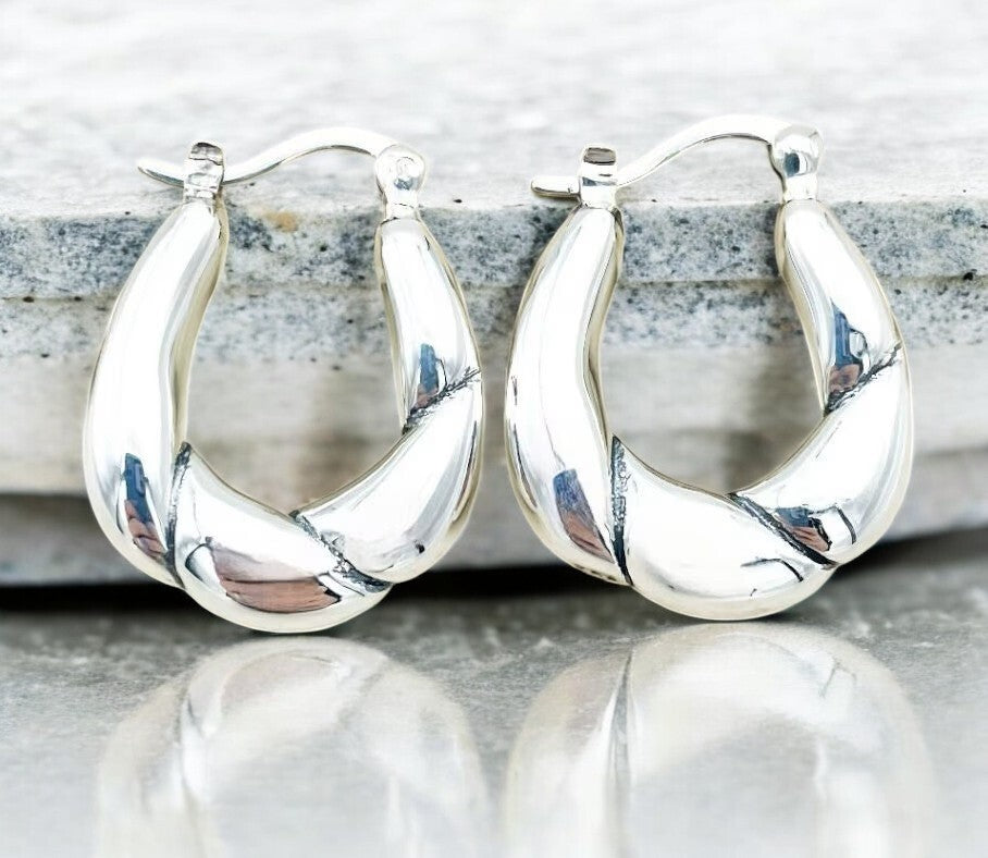 925 Sterling Silver Hoop Earrings - Lightweight Twisted Latch Back Design 1629
