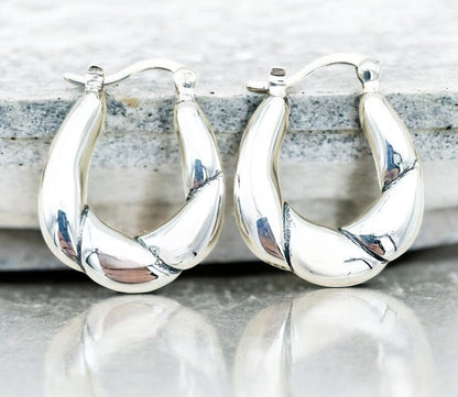 925 Sterling Silver Hoop Earrings - Lightweight Twisted Latch Back Design 1629