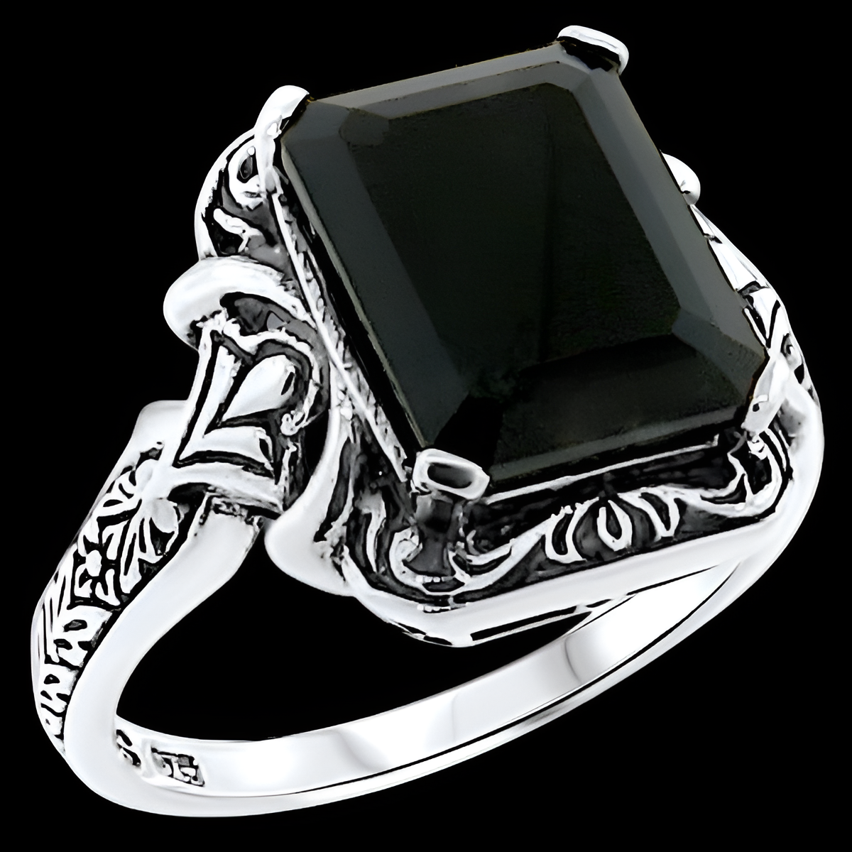 VINTAGE STYLE BLACK AGATE 925 SOLID STERLING SILVER FILIGREE RING      171