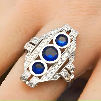 VINTAGE STYLE SIMULATED SAPPHIRE 925 STERLING SILVER RING RHODIUM PLATED 1757