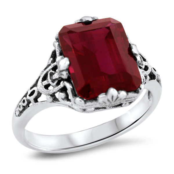 925 STERLING SILVER FILIGREE ANTIQUE STYLE VIVID RED LAB-CREATED RUBY RING #1293