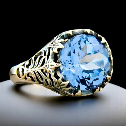 VICTORIAN STYLE FILIGREE 925 SOLID STERLING SILVER SIMULATED AQUAMARINE RING 738