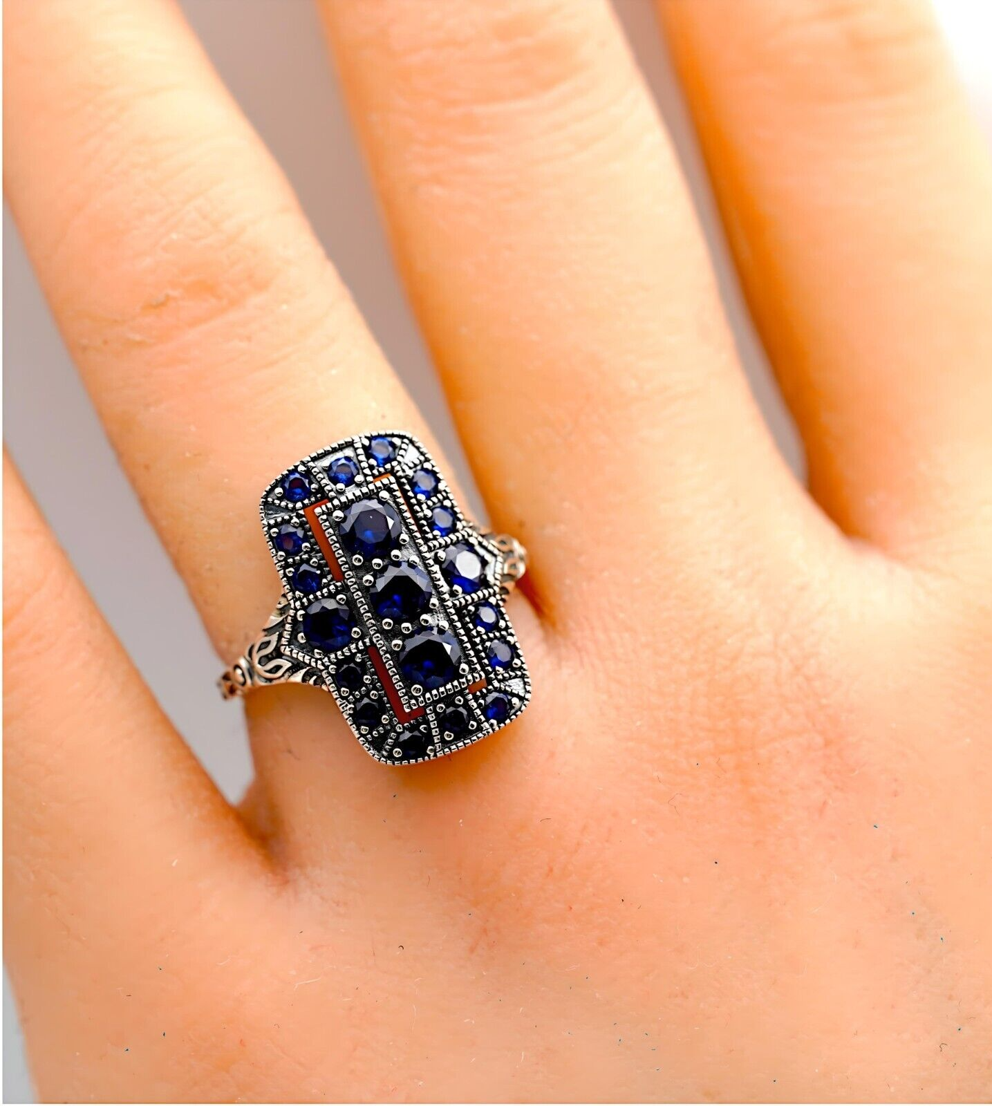 VINTAGE STYLE ROYAL BLUE SIMULATED SAPPHIRE 925 SOLID STERLING SILVER RING 1754