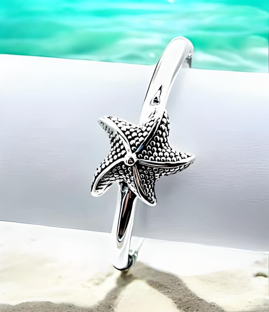 925 Starfish Bangle Sterling Silver - Lightweight 6.5" Hinged Bracelet 1394