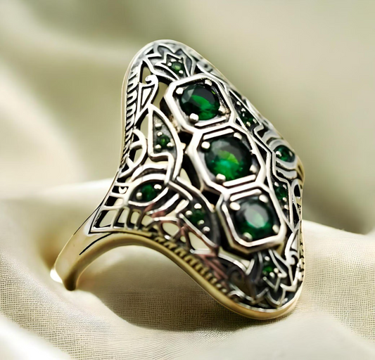 VINTAGE STYLE 925 SOLID STERLING SILVER SIMULATED EMERALD FILIGREE RING 1775