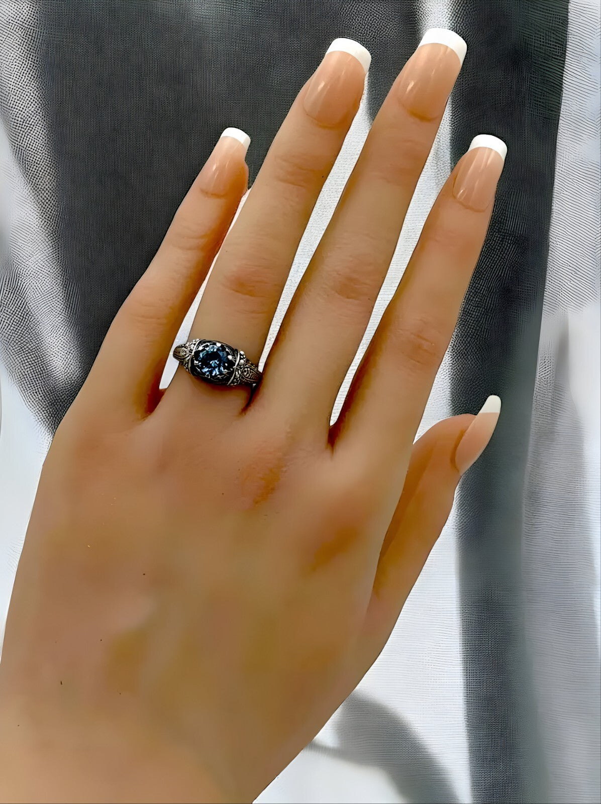 VICTORIAN STYLE 925 STERLING SILVER SIMULATED AQUAMARINE PEARL RING         #153