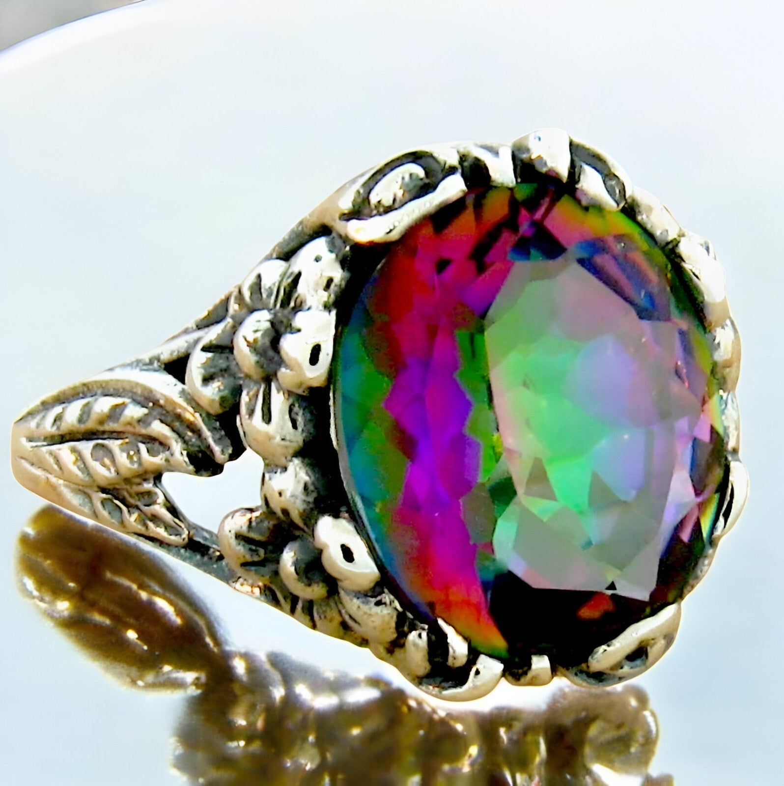 4 Ct RAINBOW MYSTIC QUARTZ ART NOUVEAU STYLE 925 SOLID STERLING SILVER RING #277