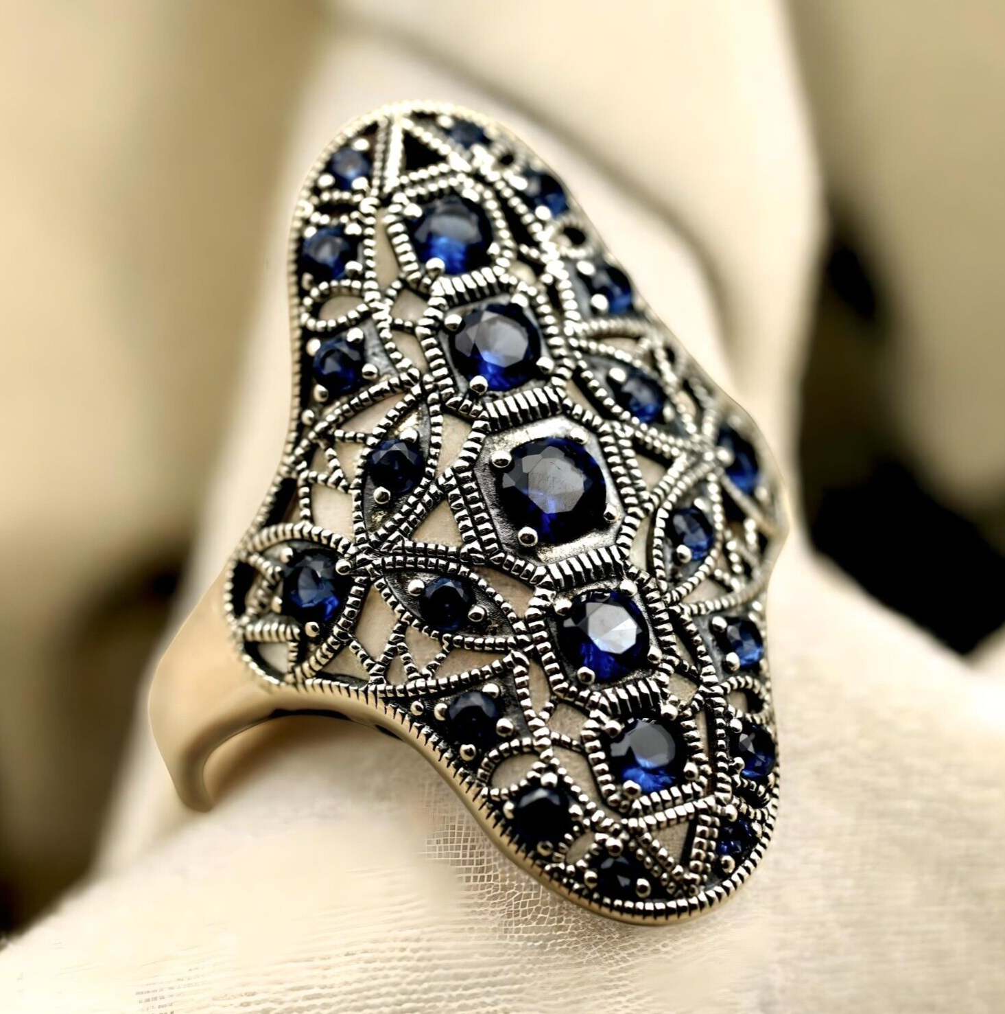 VINTAGE STYLE SIMULATED SAPPHIRE 925 SOLID STERLING SILVER COCKTAIL RING 1770