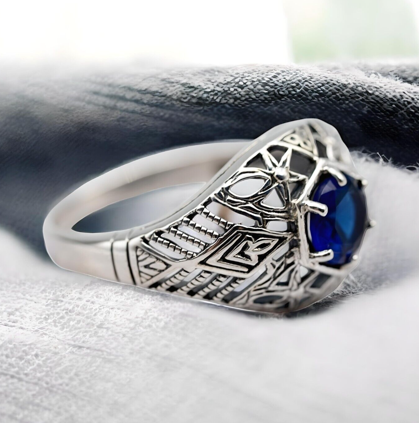 VINTAGE STYLE ROYAL BLUE SIMULATED SAPPHIRE 925 SOLID STERLING SILVER RING 1803