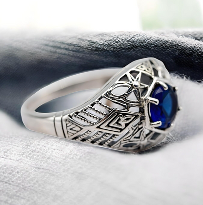 VINTAGE STYLE ROYAL BLUE SIMULATED SAPPHIRE 925 SOLID STERLING SILVER RING 1803
