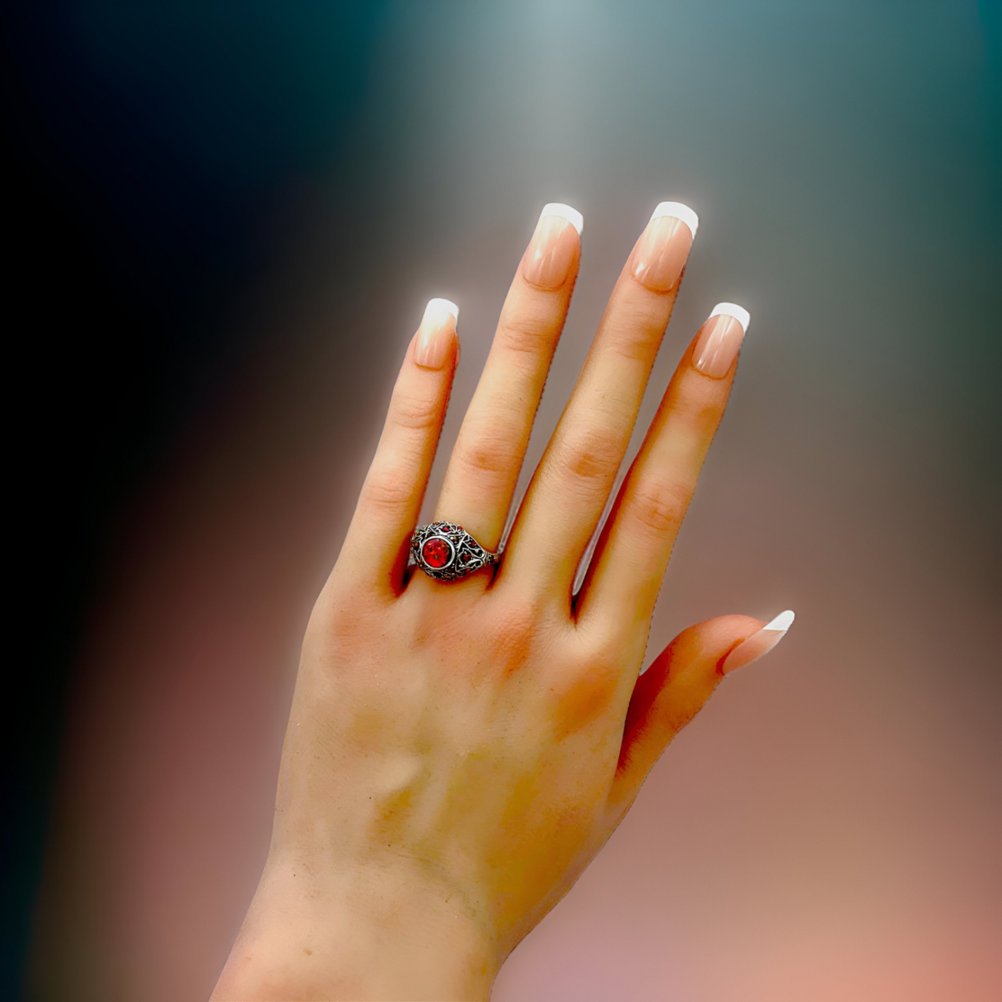 925 STERLING SILVER ANTIQUE STYLE LAB-CREATED RED FIRE OPAL FILIGREE RING   #027