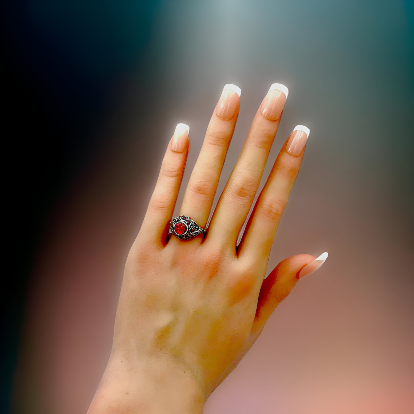 925 STERLING SILVER ANTIQUE STYLE LAB-CREATED RED FIRE OPAL FILIGREE RING   #027