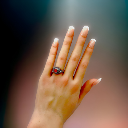 925 STERLING SILVER ANTIQUE STYLE LAB-CREATED RED FIRE OPAL FILIGREE RING   #027