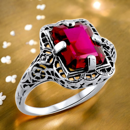 925 SOLID STERLING SILVER VIVID RED LAB-CREATED RUBY FILIGREE RING         #1176