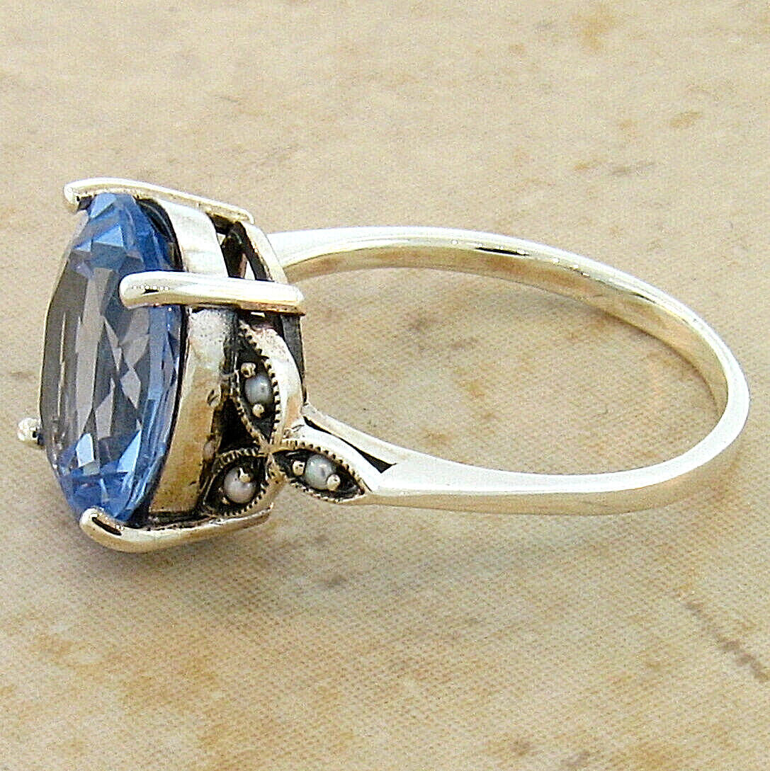 VICTORIAN STYLE 925 STERLING SILVER SIMULATED 5 CT AQUAMARINE PEARL RING    #385