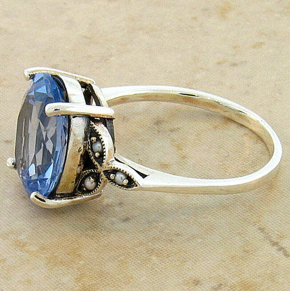 VICTORIAN STYLE 925 STERLING SILVER SIMULATED 5 CT AQUAMARINE PEARL RING    #385