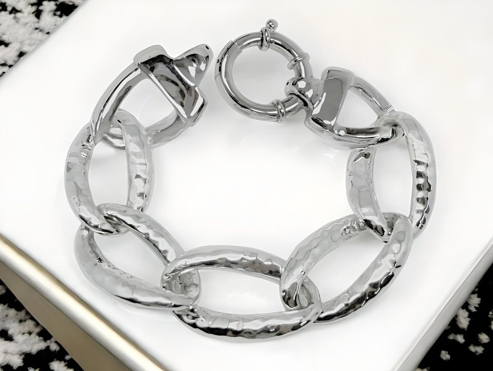 925 Sterling Silver Hammered Curb Link Bracelet - 7.5" Lightweight Design 1400