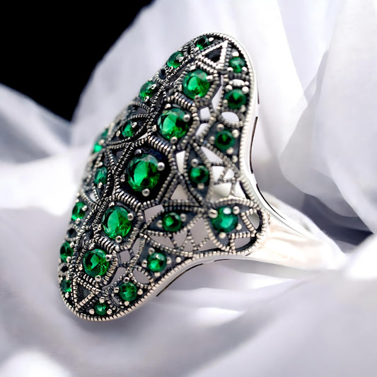 VINTAGE STYLE 925 SOLID STERLING SILVER SIMULATED EMERALD FILIGREE RING 1804