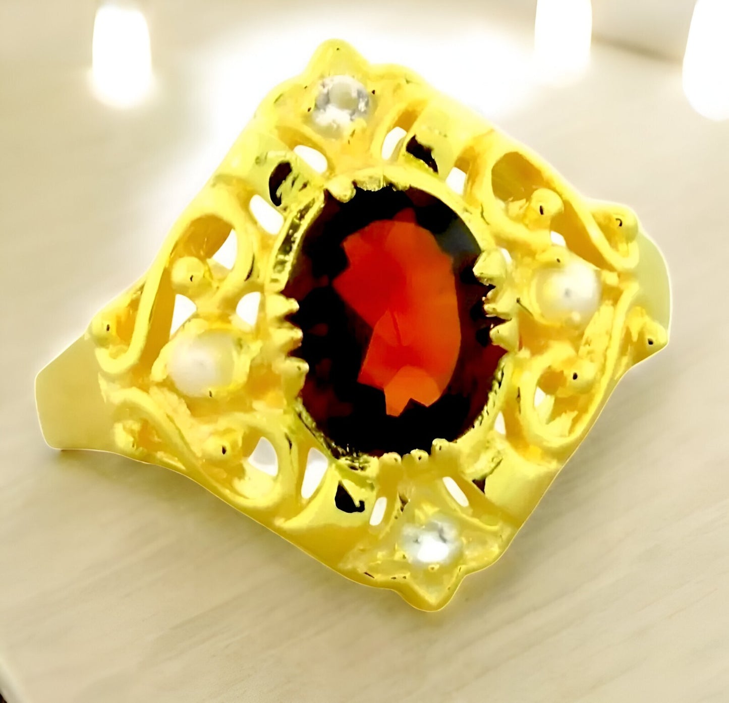 VINTAGE STYLE GENUINE GARNET 925 SOLID STERLING SILVER RING 24K GOLD FINISH 1039