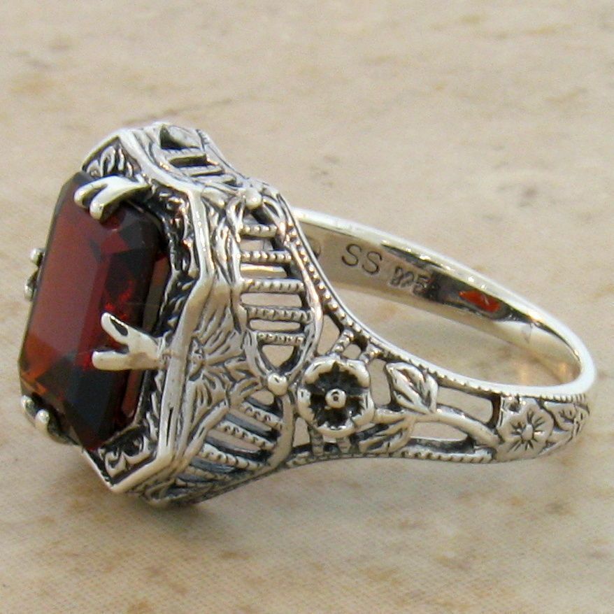 3 CARAT GENUINE GARNET ART DECO STYLE 925 STERLING SILVER FILIGREE RING     #265
