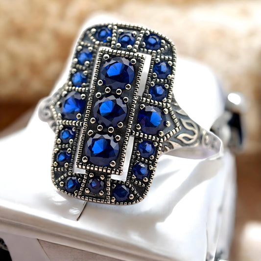 VINTAGE STYLE ROYAL BLUE SIMULATED SAPPHIRE 925 SOLID STERLING SILVER RING 1754