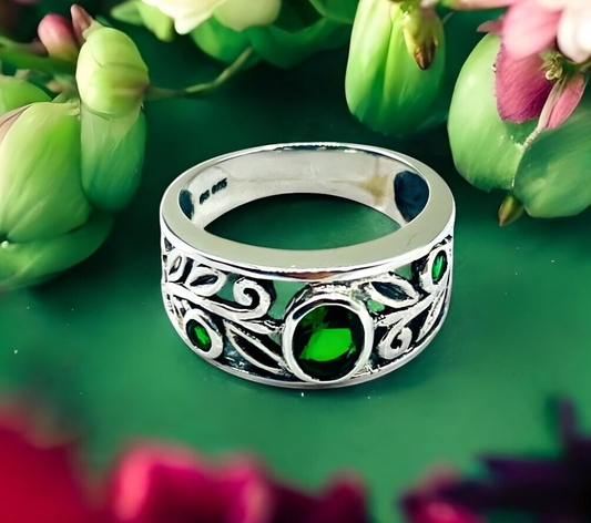 VINTAGE STYLE 925 SOLID STERLING SILVER SIMULATED EMERALD FILIGREE RING 1815