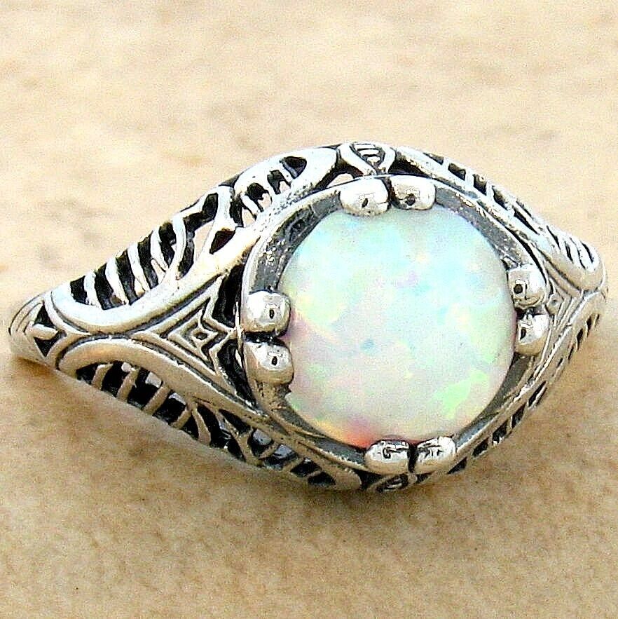 VINTAGE STYLE 925 STERLING SILVER LAB-CREATED WHITE OPAL FILIGREE RING      #800