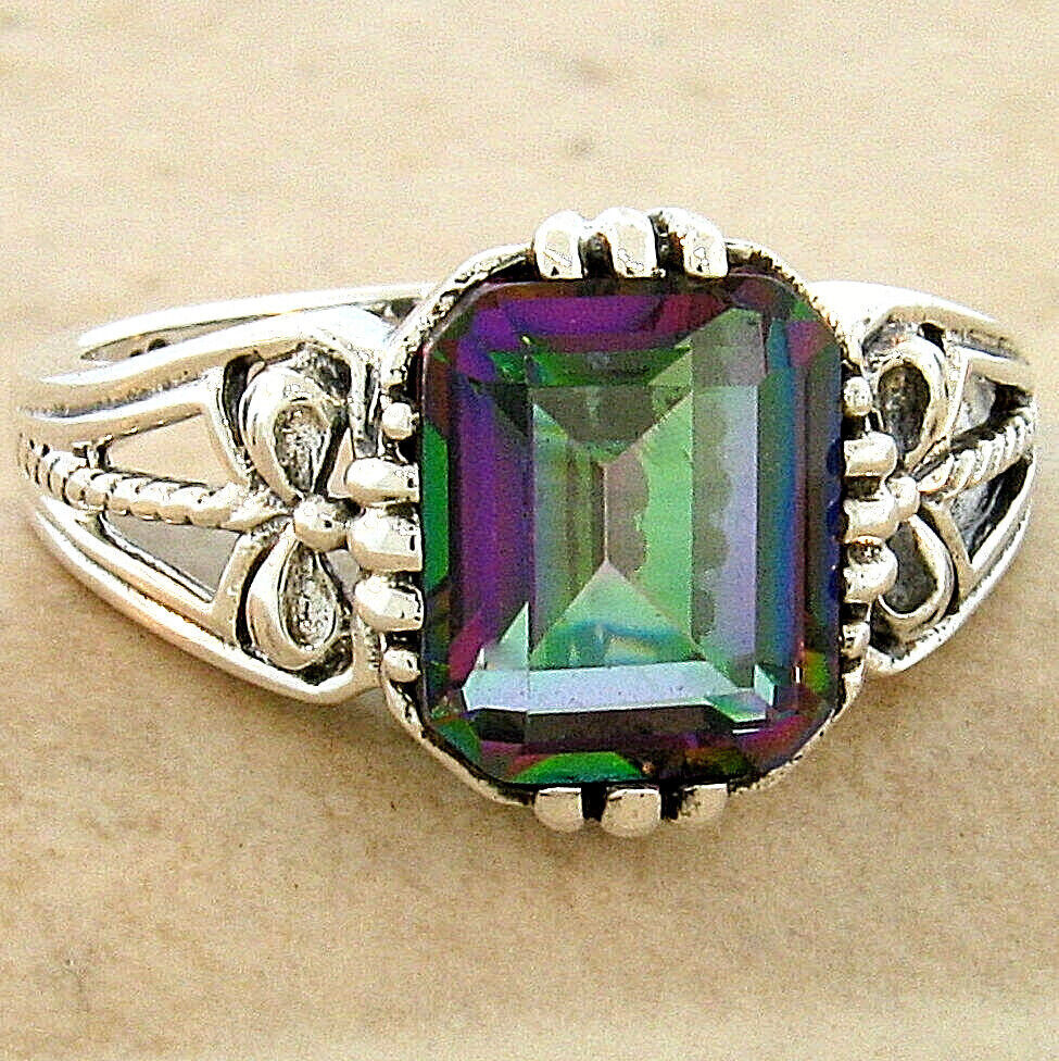 VINTAGE STYLE RAINBOW MYSTIC QUARTZ 925 STERLING SILVER FILIGREE RING       #842