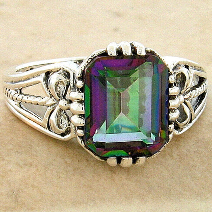 VINTAGE STYLE RAINBOW MYSTIC QUARTZ 925 STERLING SILVER FILIGREE RING       #842