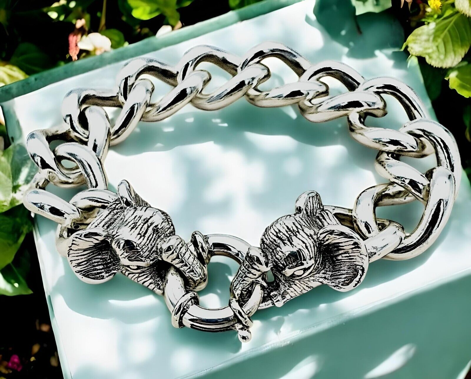 925 Sterling Silver Elephant Head Bracelet - 8" Chunky Curb Link Chain 1591