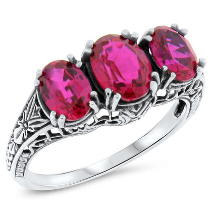 3 STONE 925 STERLING SILVER ART DECO STYLE 3.5 Ct RED LAB-CREATED RUBY RING #417