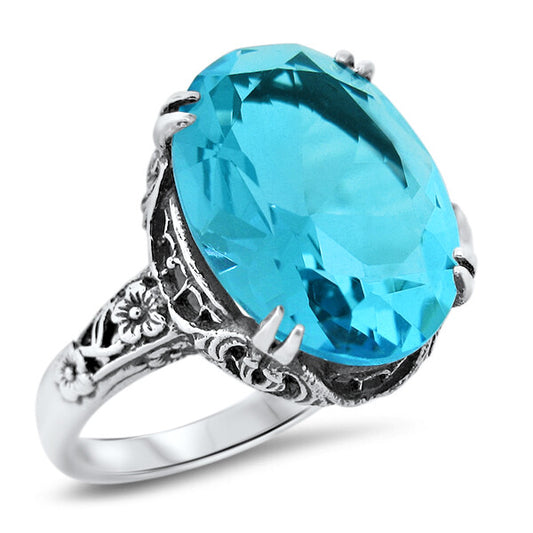 925 STERLING SILVER RING ANTIQUE STYLE FLOWER SIMULATED AQUAMARINE         #1298