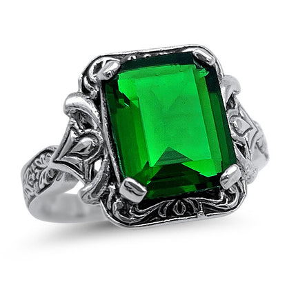 VIVID GREEN 925 STERLING SILVER VINTAGE ANTIQUE STYLE SIM EMERALD RING     #1348